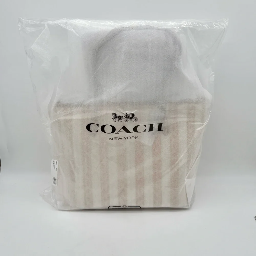 Coach Large City Tote Bag In Signature Canvas With Stripe Silver Sand Tan